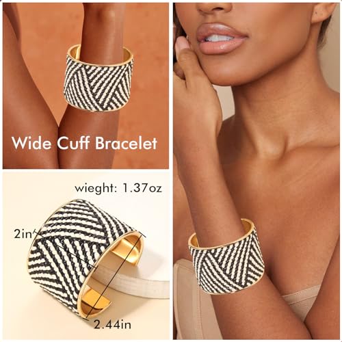 FAERLIIRY Wide Cuff Bracelet Gold Chunky Bangles Bracelets for Women Black White Open Bangle with Raffia Statement Cuff Wrap Bracelet Punk Jewelry (Black White)2