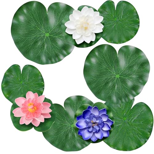 MHYGKTXRA 9 fiori di loto galleggianti in schiuma con foglie di loto artificiali, cuscinetti di giglio per lago, piante artificiali per laghetto, ornamenti per piscina, acquario, decorazione acquatica