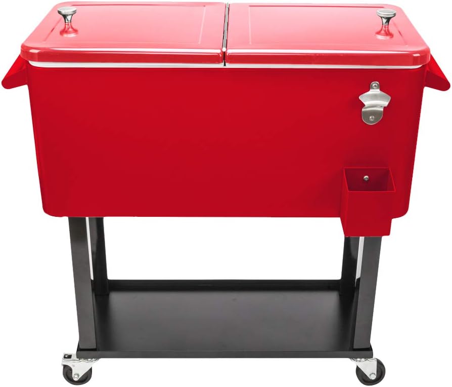 80 Quart Patio Cooler Cart, Portable Rolling Beverage Cart for Outdoor Drink Cooler, Pool Deck Party BBQ, Rolling Patio Cooler, Rolling Ice Chest - Red 35.8" L x 18.8" W x 34.25" H