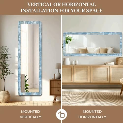 Image of Creative Arts n Frames 15x51 inch Ocena Blue Color Long MDF Wood Wall Hanging Mount HD Mirror Home Decor Items Living Room Bathroom Bedroom Hotel Office (Rustic Blue Color Framed HD Mirror)
