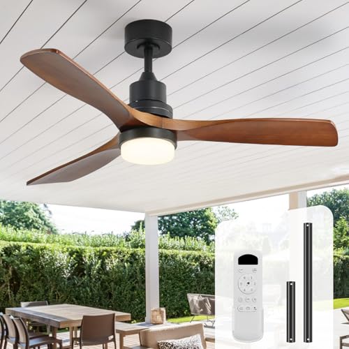 Image of Sofucor 52 Inch Wood Ceiling Fans with Lights and Remote, Indoor /Outdoor | Modern, 3 Blade, Quiet Reversible DC Motor, 3CCT Dimmable, 6 Speeds, Timer, Bedroom /Living Room /Farmhouse /Patio /Porch, Brown