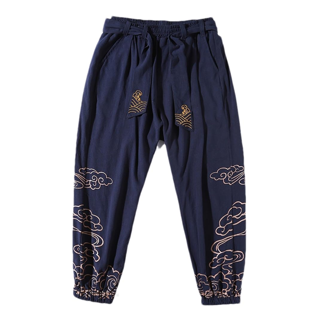 Pantalon de jogging brodé en coton et lin homme résistant coupe ample taille 31-35 - 5