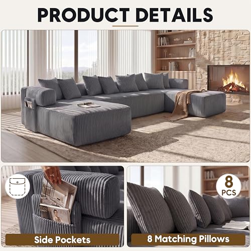 Image of Oversized Cloud Boneless Couch with Chaise, 146 inch Modern U Shape Modular Deep Seat Sectional Sofa, Comfy Corduroy Upholstered Couches for Living Room, No Assembly Required-Dark Grey