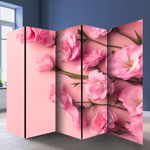 Pink-Rose-Floral-Print-Room-Divider-Screen-4-Panels Pink Rose Floral Print Room Divider Screen 4 Panels