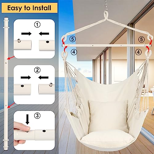 Y- Stop Hammock Chair Hanging Rope Swing Chair, Max 500 Lbs, 2 Seat Cushions Included, Removable Steel Spreader Bar With Anti-Slip Rings, Hardware Kit-For Indoor Or Outdoor(Beige) #TOP3