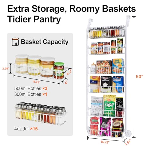 Image of Delamu Over the Door Pantry Organizer, 6-Tier Pantry Organizers and Storage, Metal Cabinet Door Organizer, Hanging Spice Rack Shelves for Home & Kitchen, D5 x W18 x H50 inch, White