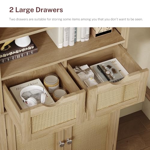 Image of Iwell Tall Storage Cabinet, Rattan Cabinet with 2 Drawers & Adjustable Shelf, Kitchen Pantry Storage Cabient, Entryway Cabinet for Living Room, Dining Room, Home Office, Natural