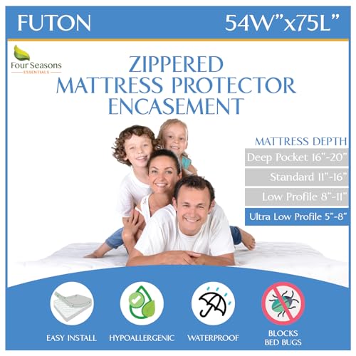 Futon Full (54"x 75") Waterproof Mattress Protector - Waterproof Zippered Encasement Premium Quality Bed Cover Protects Against Dust, Allergens White