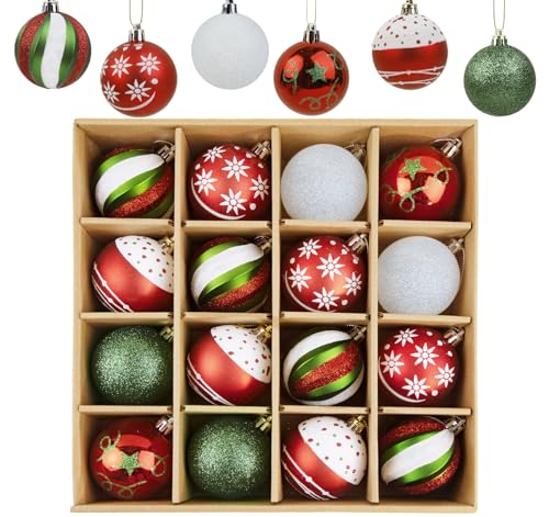 Anstore Bolas de Navidad de Plástico, 16 Bolas Arbol De Navidad Rojo Verde Blanco, 6cm Adornos para árbol Navidad, Adornos de Plástico para Fiestas, Irrompibles Bolas Decorativas Colgar