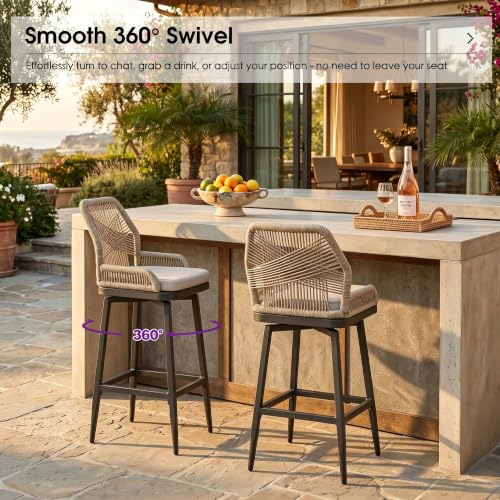 Image of PURPLE LEAF Outdoor Swivel Bar Height Stools Set of 2 Patio 360 Rotating All-Weather Wicker High Top Stools with Back and Cushion for Outside Backyard Kitchen Bistro Garden, Dark Grey