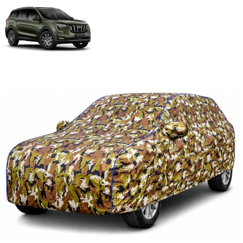 Image of Waterproof Car Body Cover for Mahindra XUV 700 with Mirror Pocket| Cotton Inner Lining | Triple Stitched | All Weather Protection | Dust, UV & Rain Proof (Camouflage with Blue Piping)