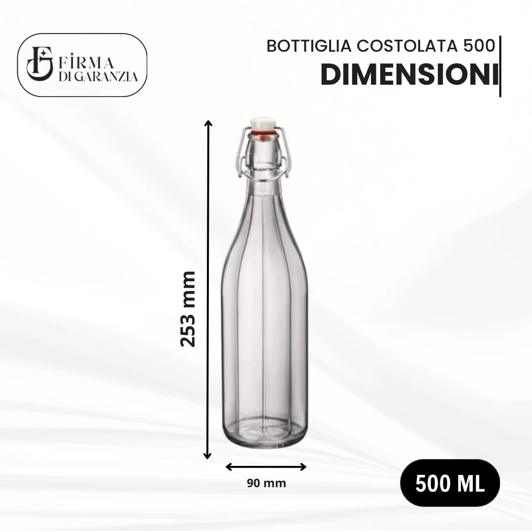 Set da 12 Bottiglia Costolata in Vetro con Tappo Ermetico da 0,5 L - Bottiglia in vetro trasparente per acqua vino e liquore con tappo meccanico e guarnizione alimentare