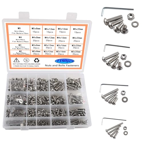 Rshuhx Set di Bulloni e Dadi M2 M3 M4 M5 - Viti a Testa Incassata in Acciaio Inox 304 - Filettatura Metrica Esagonale per Parti Meccaniche