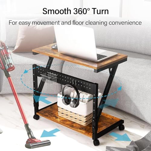Image of 21562 Computer Tower Cart - Height Adjustable PC Stand, 2-Tier CPU Holder Home Office Gaming Desk Accessories Rolling Lockable Wheels, Laptop Table Standing Computer Desk, Rustic Brown