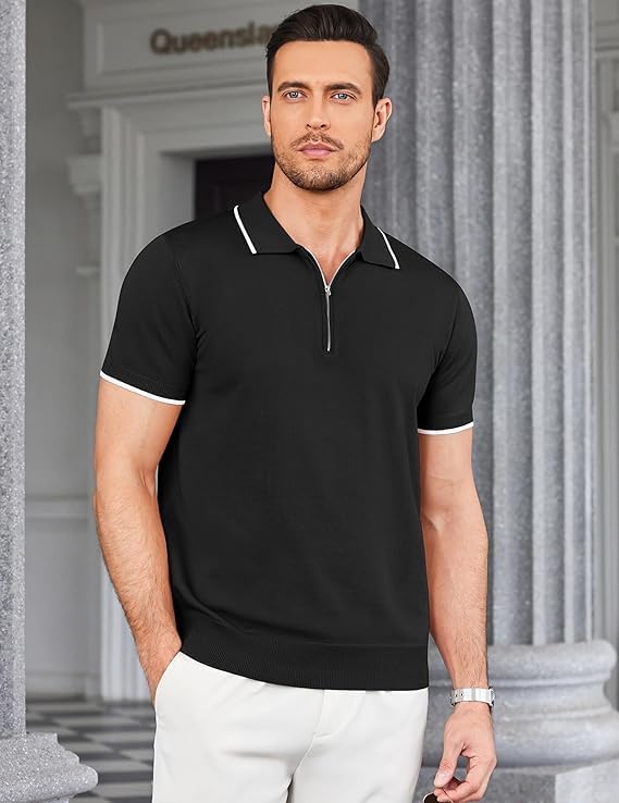 COOFANDY Men's Zipper Polo Shirt Casual Knit Short Sleeve Polo T Shirt Classic Fit Shirts - Image 8