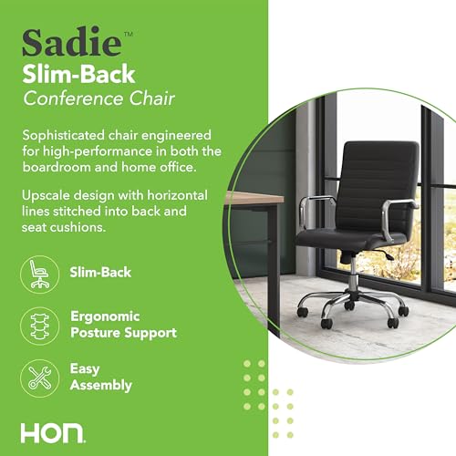 Image of HON Sadie Executive Ergonomic Office Chair with Leather Upholstery, Chrome Arms and Back Support, Mid Back Desk and Computer Chair for Home Office or Conference Room, 360 Swivel, Black
