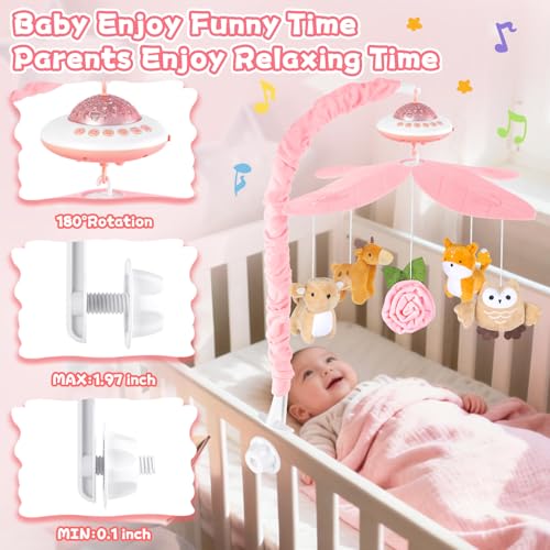 Baby Crib Mobile with Music and Lights, Nursery Baby Mobile for Crib Bassinet with Remote Control, Rotation, Starlight Projection, Crib Toys for Babies Boys Girls Pink - Image 5