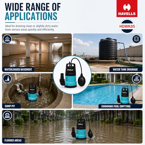 Image of Havells HDWK05 Submersible Dewatering Pump | 155 LPM High Discharge | 8.5M Max Head | Portable Water Drainage Pump | 32mm Outlet | Sumps, Tanks & Flooded Areas | 1 Year Warranty