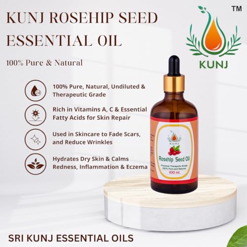 Image of KUNJ Rosehip Seed Oil (Rosa rubiginosa) 100ML - 100% Pure & Natural, Cold Pressed, Undiluted - Therapeutic Grade Oil for Skin Care, Hydration, Anti-Aging & Radiance
