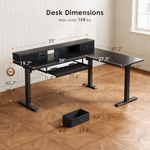Image of OffiGo 59 Inch L Shaped Electric Standing Desk with Drawers, Black