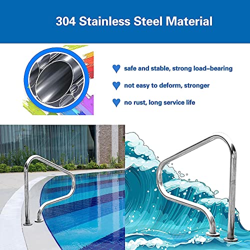 Pool Handrail 304 Stainless Steel Swimming Pool Handrail, Pool Hand Rail for Inground Pools and Spa, 3-Bend Pool Stair Railing, Silver