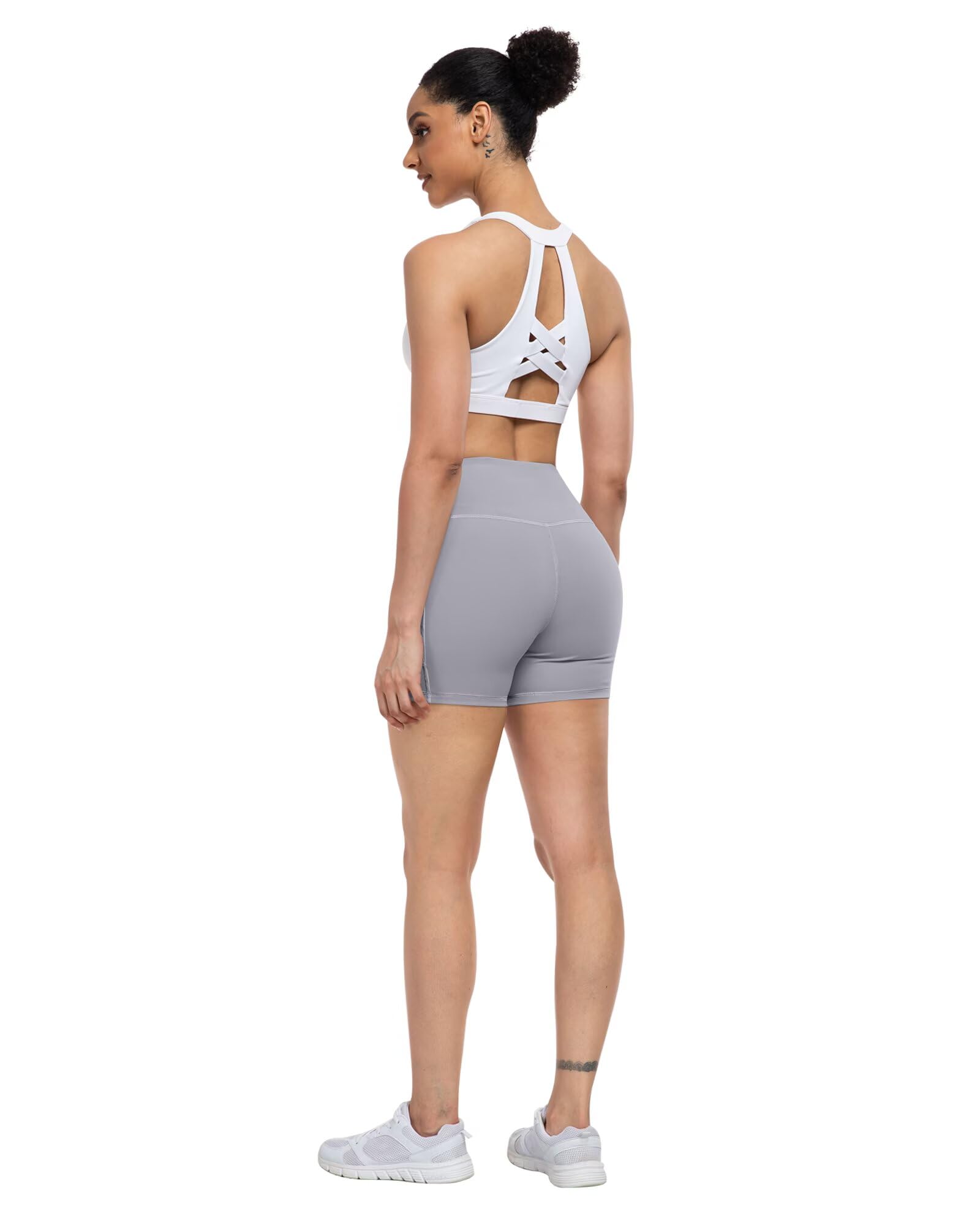 ATHVOTAR Lot de 4 shorts de yoga en élasthanne avec poches pour femme 7,6 cm/12,7 cm/20,3 cm, short de motard gainant le ventre, 2 noir/gris/gris clair, Taille L