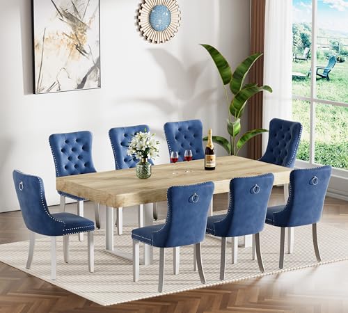 Image of Oak Dining Room Table Set for 8, 9-Piece 63 inch-78.74 inch Extendable Dining Table Set with 8 Upholstered Chairs, Rectangle Wooden Expanding Kitchen Table and Blue Chairs Set