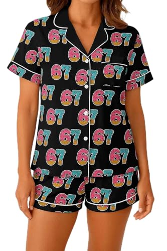 ZIGFRUIT 6 7 Womens Pajamas Set Short Sleeve Sleepwear Bride Soft 67 Meme Pj Lounge Sets S-2XL (US Alpha Small Regular Regular) Black