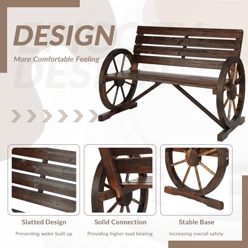 Image of 2-Piece Wooden Wagon Wheel Bench Set with Coffee Table, 2-Person Rustic Wood Garden Bench W /Wagon Wheel Armrests & Slatted Backrest, Outdoor Patio Loveseat Furniture Set for Lawn Yard Park