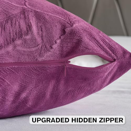 Image of FUTEI Pack of 2 Velvet Throw Pillow Covers 20x20 Inch Soft Embossed Leaf-Relief Textured Decorative Cushion Cases Modern Natural Farmhouse Accent for Couch Bed Living Room, Purple