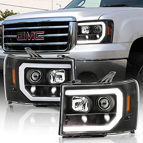 ACANII - For [Black Edition] 2007-2013 GMC Sierra 1500 2500HD 3500HD Black Housing LED Light Tube Projector Headlights