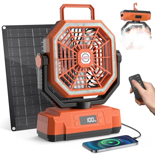 Solar Camping Ventilator Ventilator Akku 20000mAh mit 10-W-Solarpanel LED-Laterne Timer Haken Digitalanzeige 5 Geschwindigkeiten Schüttelkopf Fernbedienung.Solar Lüfter für Büro Outdoor (Orange)