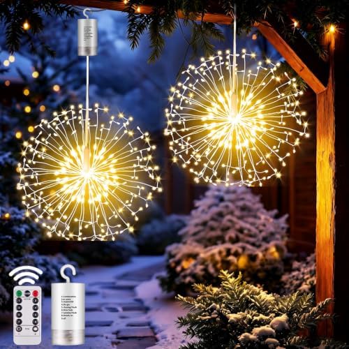 yowin Leuchtkugel Weihnachten 2 x 198 LED Weihnachtsbeleuchtung Außen | Batterie mit Fernbedienung, 8 Modi Feuerwerk Lichterkette Wasserdicht Hängend Weihnachtslicht Fenster für Au