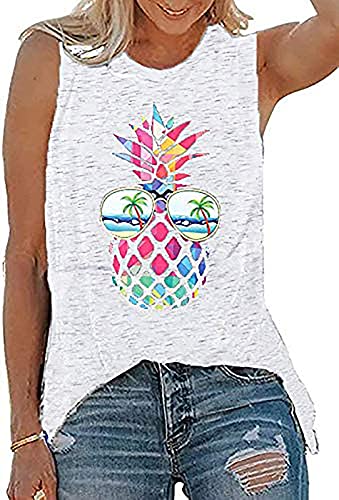 ASTANFY Women Pineapple Sunglasses Beach Tank Tops Funny Graphic Vest Casual Summer Sleeveless Tee Shirts (White, X-Large)