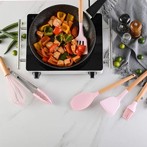 Conjunto com 12 utensílios de cozinha de silicone, com alças de madeira, colher antiaderente resiste