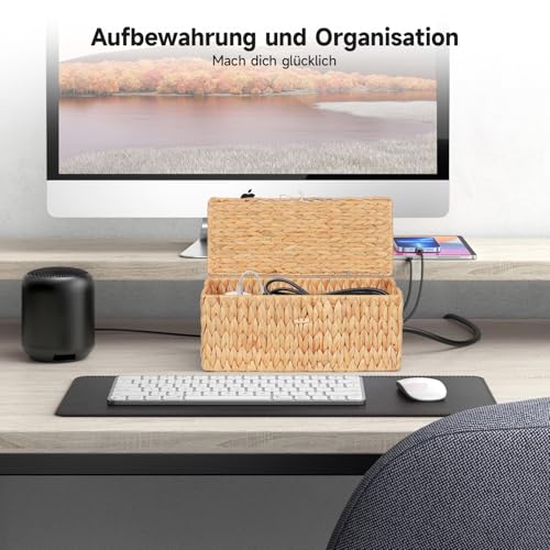 2 Stück Handgefertigte Wasserhyazinthe Kabelbox, Kabelbox mit Steckdosenleiste mit Abdeckung, Kabelmanagementbox mit Seitlicher Öffnung zum Verstecken von Kabeln, Geeignet für Büro, Zuhause