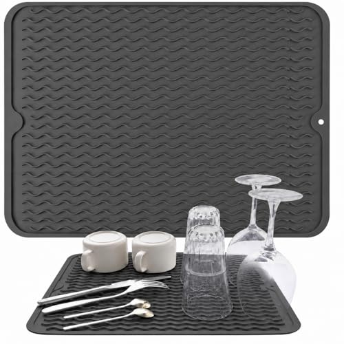 Image of HOMETHREADS Silicone Dish Drying Mat, Silicone Draining Board Mat, Silicone Dish Draining Mats, Kitchen Sink Dish Drainer Mat Racks for Kitchen Counter Protector, 40x30cm (Dark Grey)