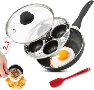 Eggssentials 2 IN 1 Egg Pan & Poacher, Granite Nonstick Fry Pan with Lid, Poached Egg Maker - 4 Cups