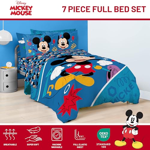 Image of Disney Mickey Mouse Full Size Comforter Set 7 Piece Kids Bedding, Blue | Bed in a Bag, Comforter Sheets Shams Pillowcases, Official Product, Soft Microfiber, Machine Washable, Boys Gift