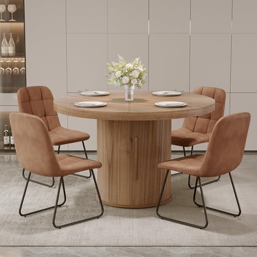 Image of 5-Piece Dining Set for Small Spaces 43.3 inch Round Table & 4 PU Leather Chairs, Modern Farmhouse with Storage Shelf, Apartment Kitchen Easy Assembly (Walnut Color Round Table + 4 U-Shaped Brown Chairs)