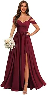 Women's Off Shoulder Bridesmaid Dress with Belt Chiffon Ruched Formal Evening Gowns CYM201