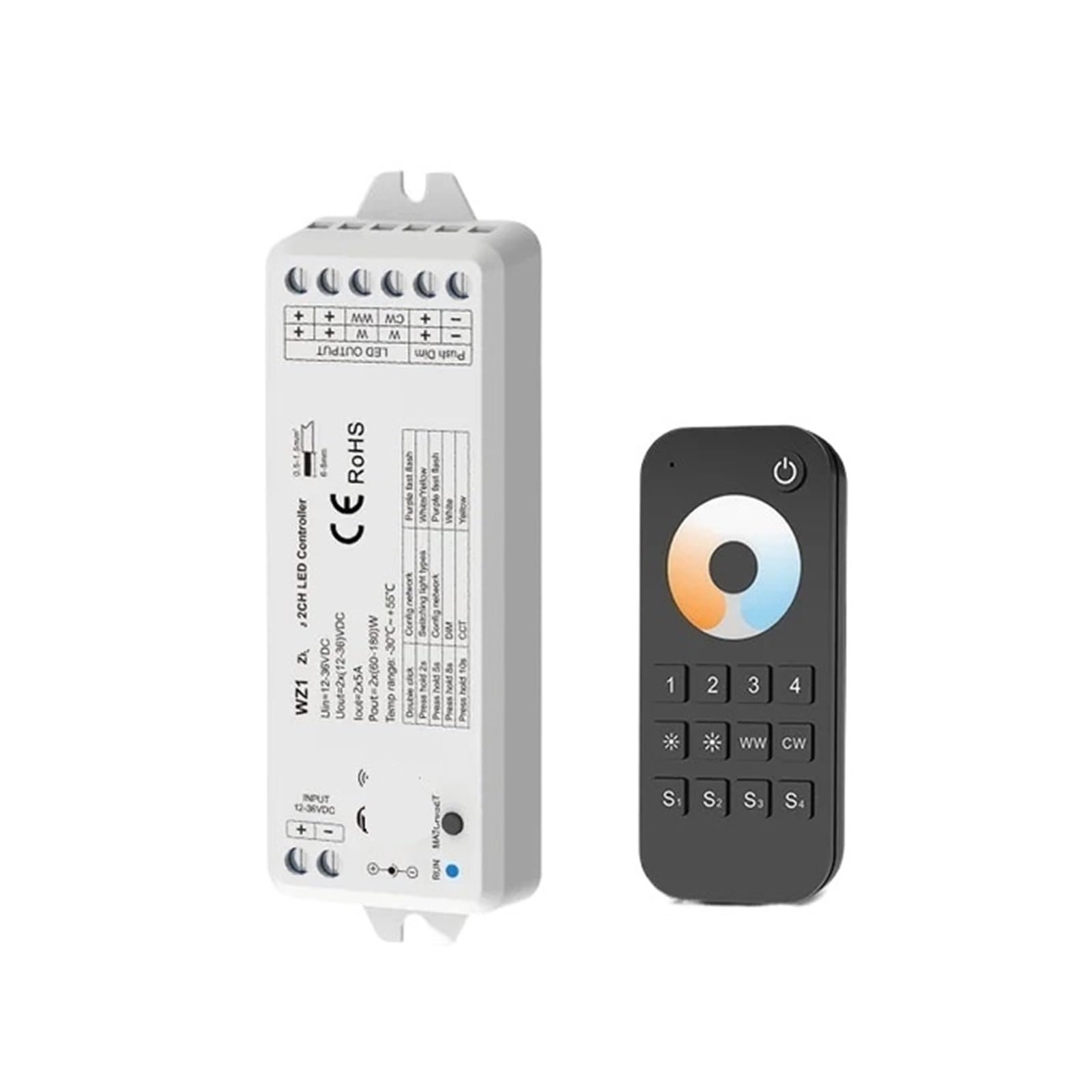 Variateur LED WZ1 12-36V DC 2 canaux avec télécommande RT7 à roue tactile