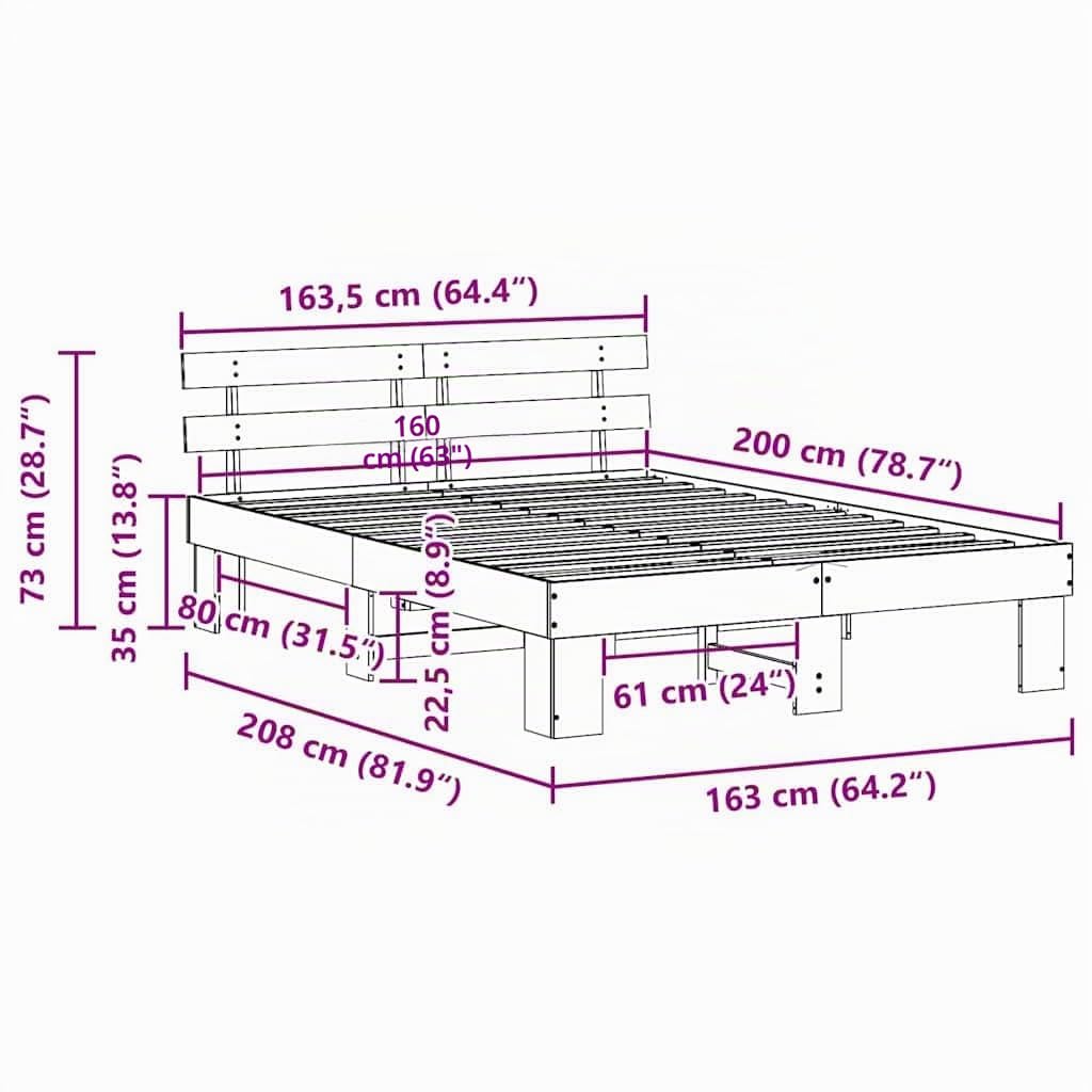 vidaXL Bedframe met hoofdeinde Naturel 160 x 200 cm Massief grenenhout | Genoeg plek onder het bed voor al je spullen, Gemaakt van stevig massief grenenhout, dat lang meegaat,