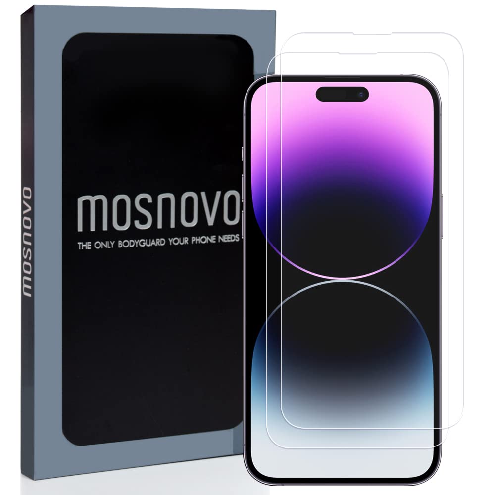 MOSNOVOPremium Glass Screen Protector for iPhone 14 Pro Max [Guidance Frame Include] (Pack of 2) [Easy Install][Anti Scratch][Advanced HD Clarity][Bubble Free][Case Friendly]