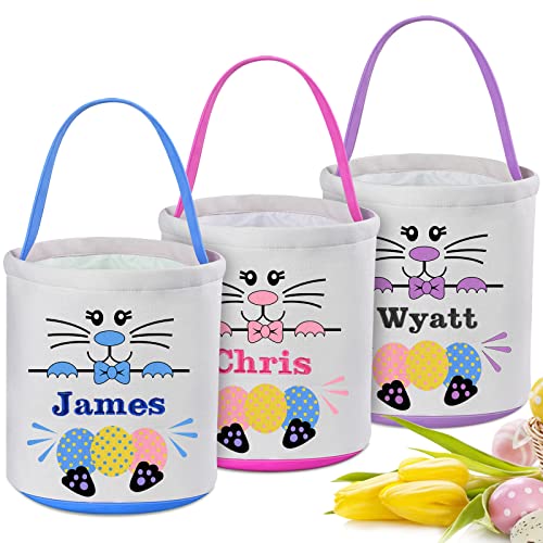 VAPCUFF 3 Pcs Personalized Easter Baskets for Kids, Boys Girls Easter Bunny Basket, Canvas Material, Blue, Pink, Purple