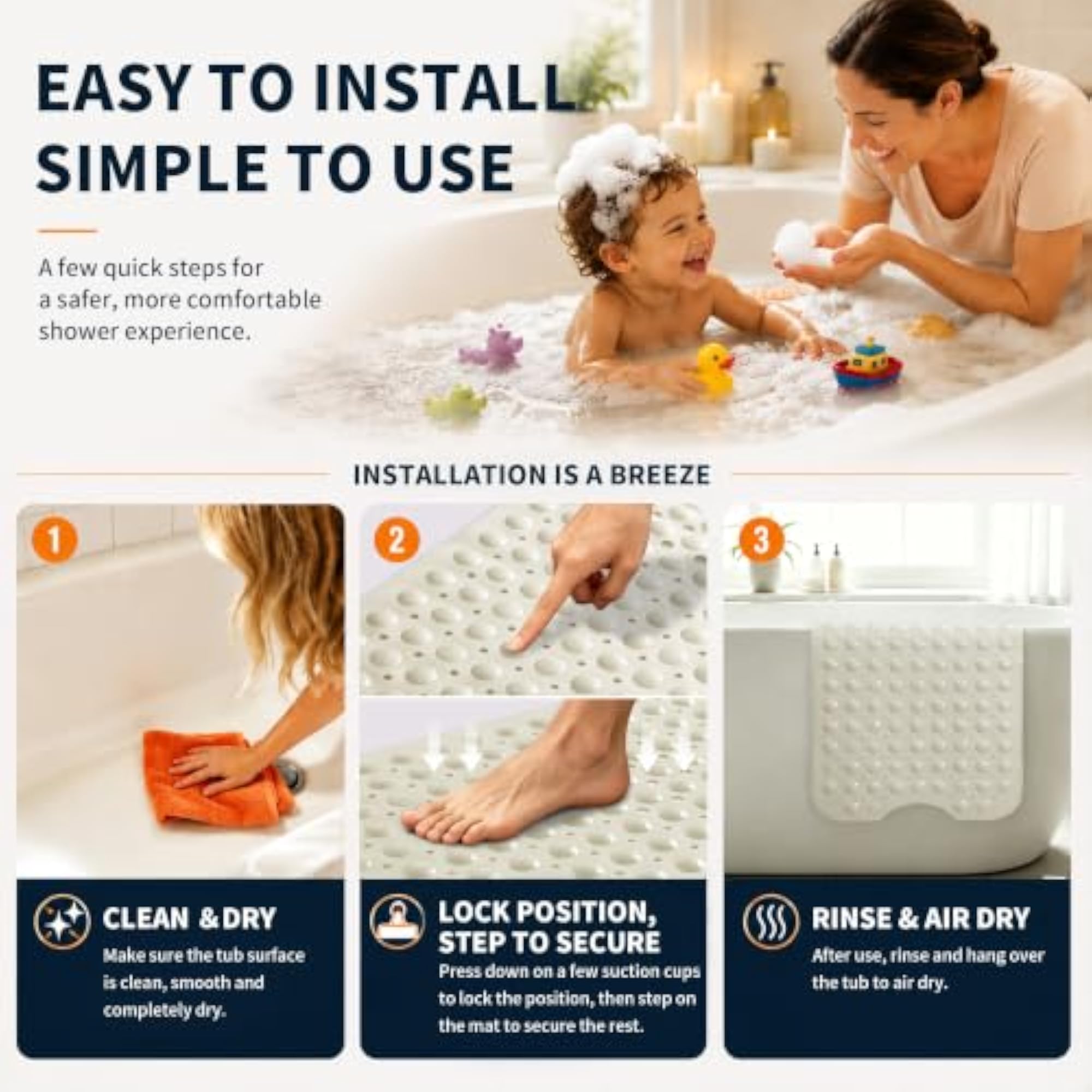 Non-Slip Extra Long Bath Mat, Beige for Tub