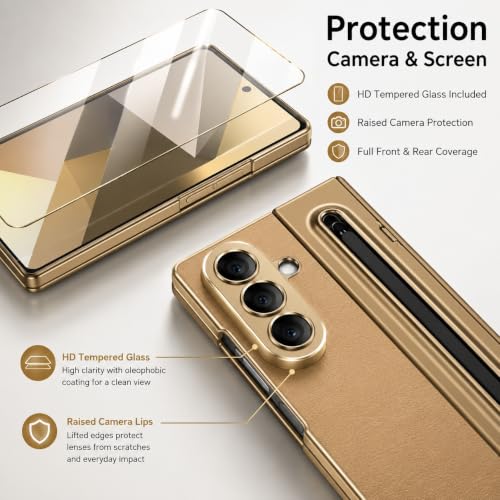 Image of amazon basics Premium Genuine Leather Case for Samsung Galaxy Z Fold 8 Ultra - Slim Fit Luxury Business Cover with Built-in S Pen Slot & Magnetic Hinge Protection - Midnight Gold