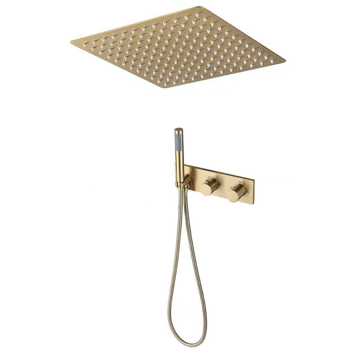 Colonne de Douche Thermostatique Dorée, Moderne 16inch / 400mm Pluie Ensemble de Douche Encastré, Système de Douche Encastré Pose au Plafond, Douchette, 59A Laiton (Or Brossé)