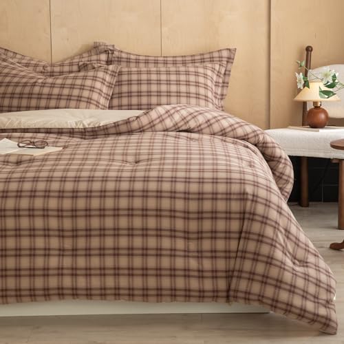 Image of Cyusri Cotton Plaid Full Comforter Set - Soft Lightweight Bedding 3 Pieces Dyed Bed Set with 2 Pillow Shams,Reversible All Season Farmhouse Down Alternative(Full Size 80 inchx90 inch Taupe Plaid)