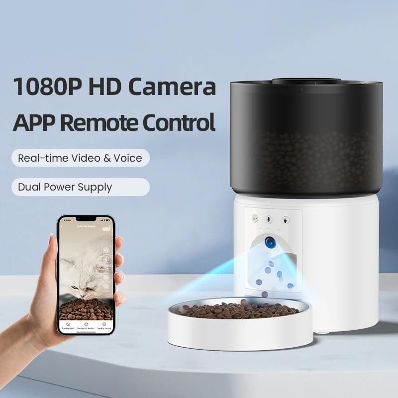 ROJECO Automatic Pet Feeder with a smartphone displaying the control app, showing real-time video and remote control options.